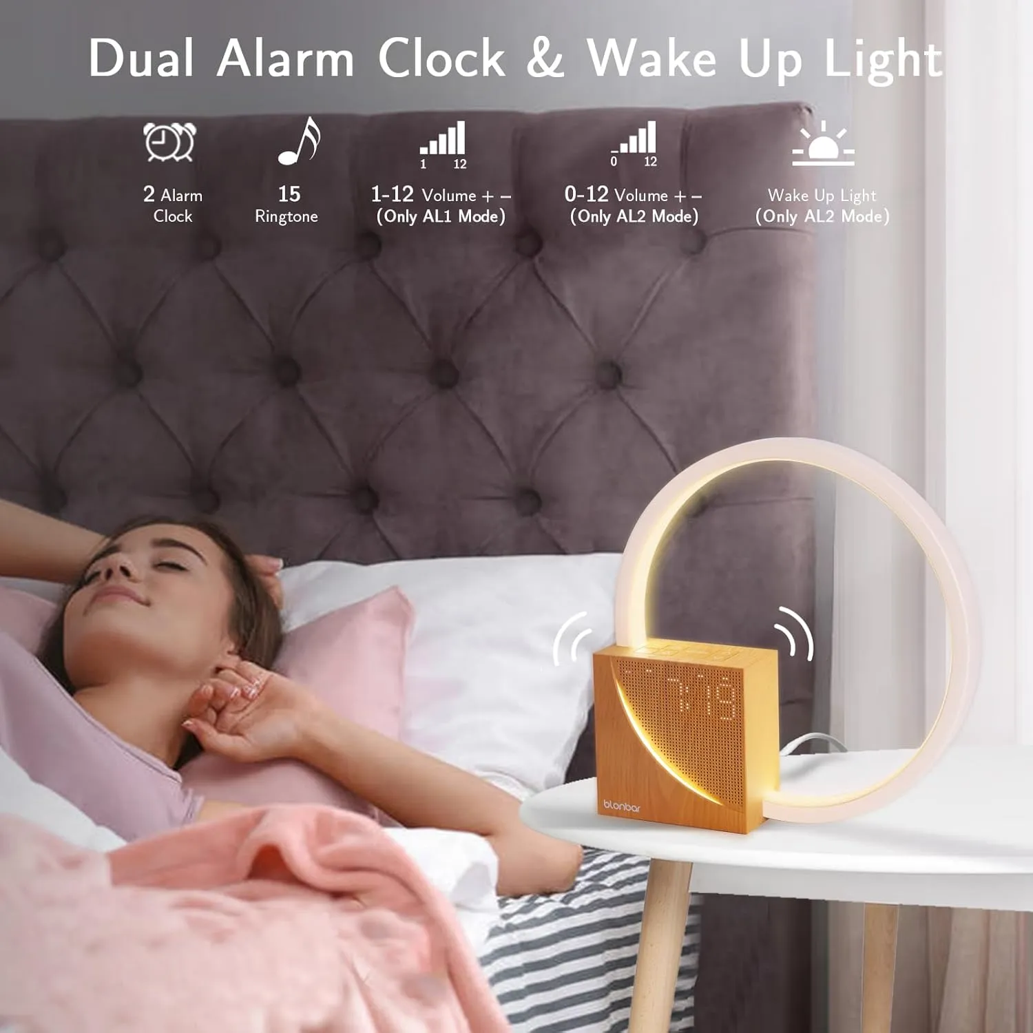 Bedside Lamp, Wake-Up Light,Touch Lamps Bedside with 10W USB Charging Port, 10 Smoothing Sound Table Lamp with 2 Alarm Clock, 3 Level Brightness,LED Night Light for Bedroom, Living Room